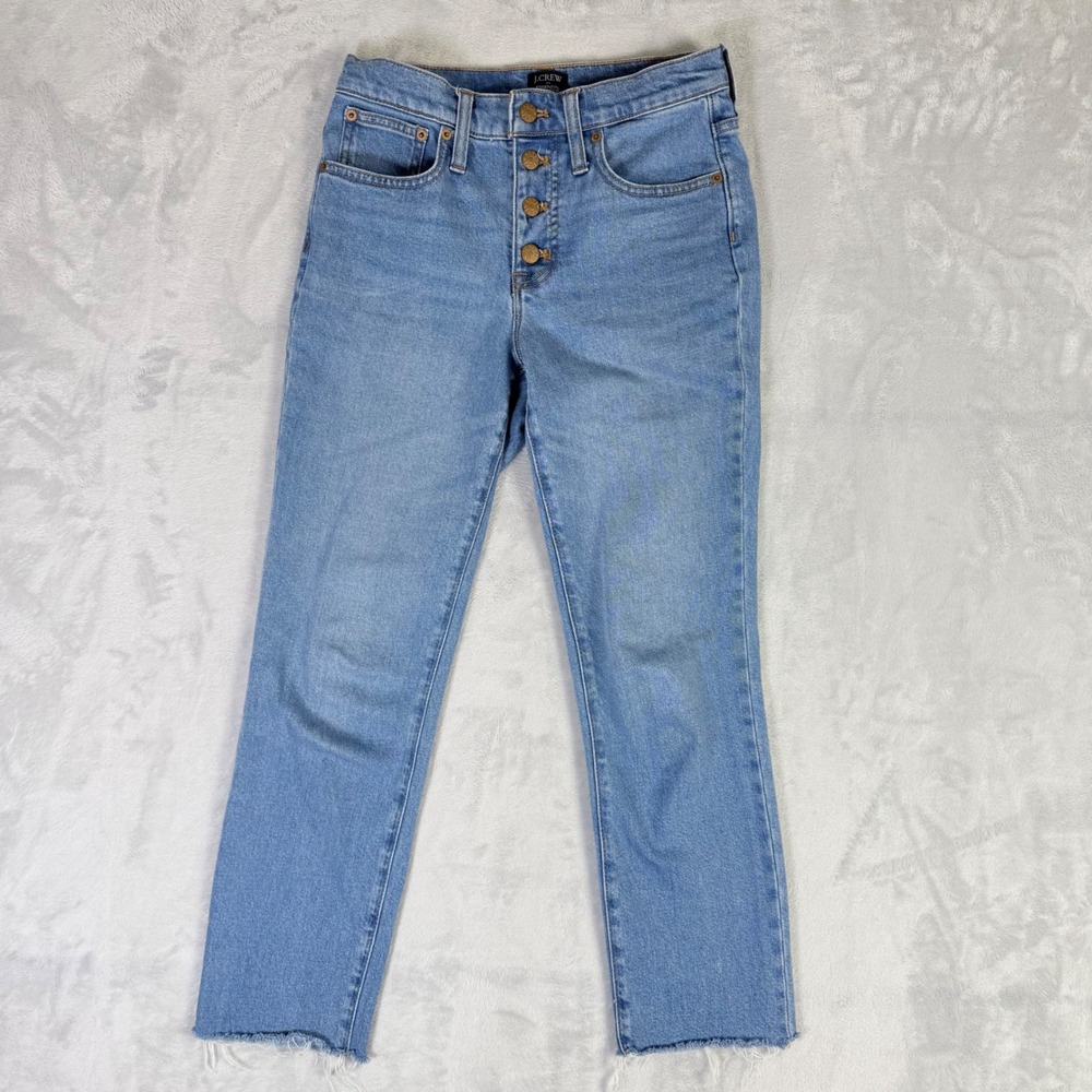 J.Crew Essential Straight Jean Women 25 Blue High Rise Button Fly Raw Hem